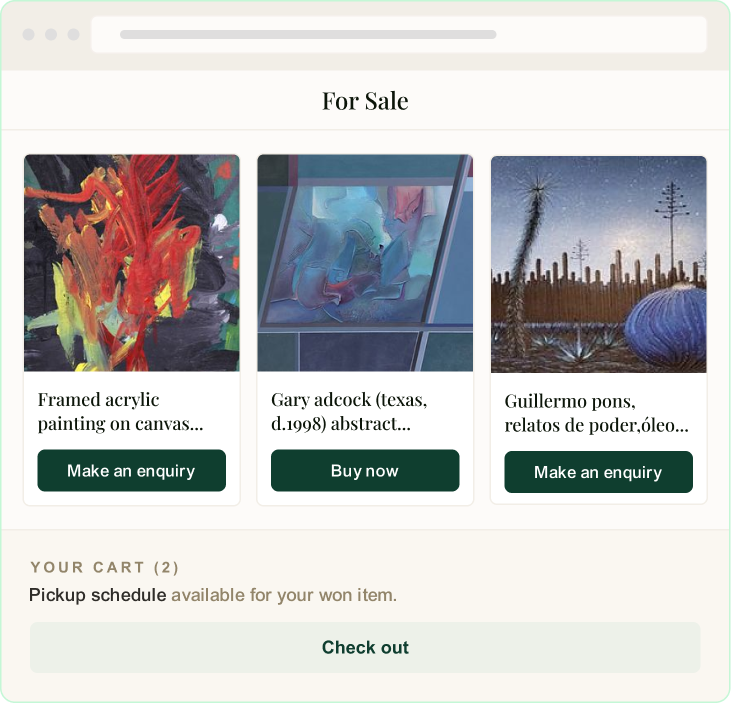 AuctionAlgo storefront showing Buy Now product listings and shopping cart