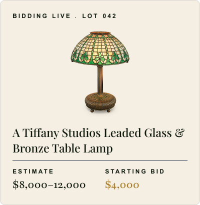 Live bidding interface for a Tiffany Studios table lamp auction
