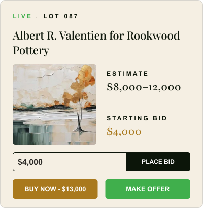 Live bidding interface for Rookwood Pottery auction